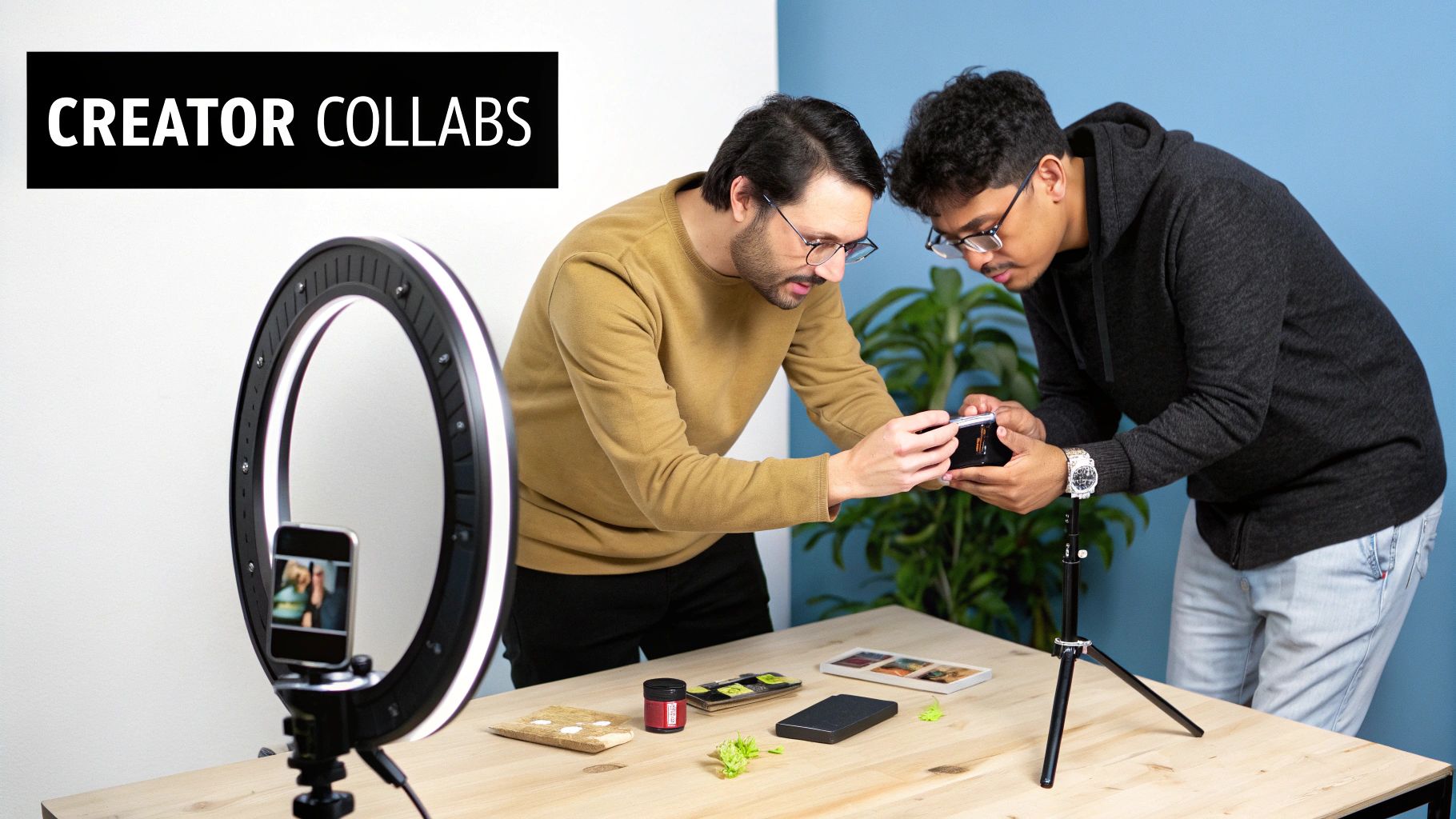 Two content creators collaborate, filming product shots on a table with smartphones and a ring light.