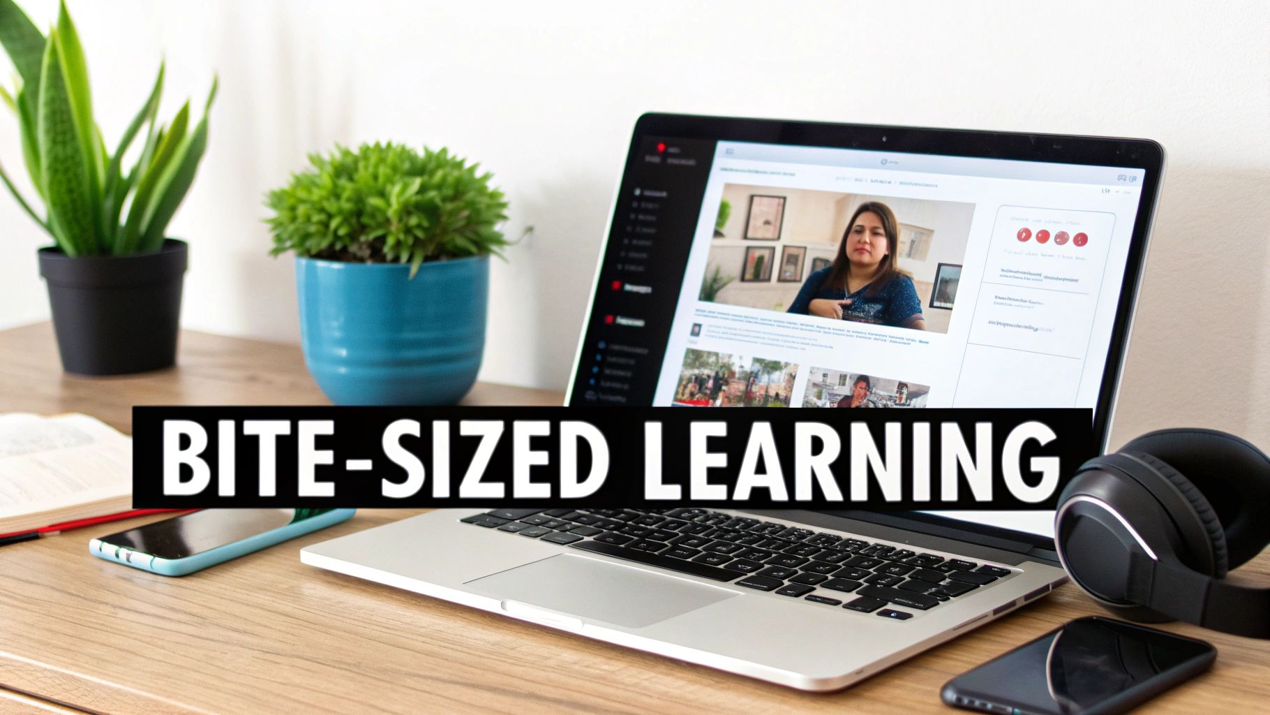 A laptop displaying an online class with plants, headphones, and a smartphone on a desk, featuring 'BITE-SIZED LEARNING'.
