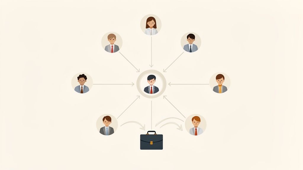 Illustration de personnes en réseau autour d'un chef, avec un porte-documents symbolisant le travail collaboratif.