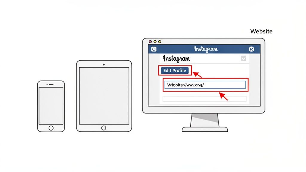Illustration showing how to add a website link to an Instagram profile on a desktop computer.