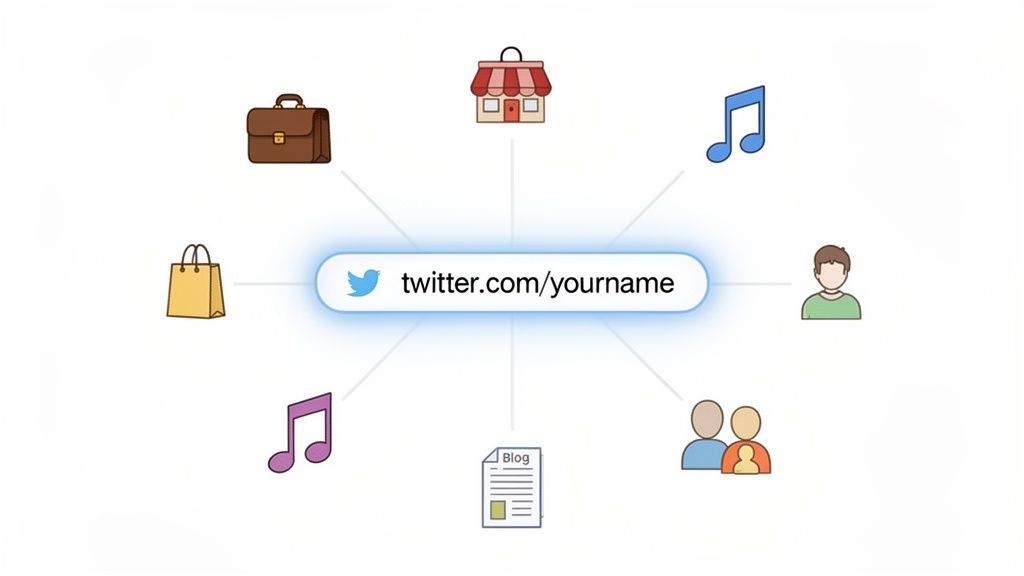 A diagram showing a Twitter profile linking to diverse personal and professional interests.