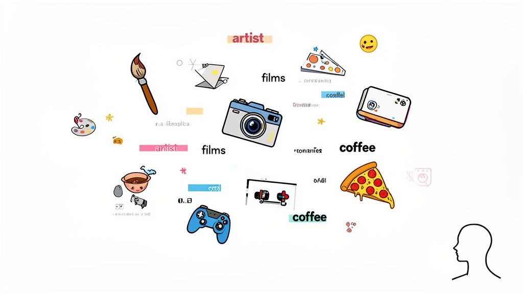 Illustrations of a paintbrush, camera, gamepad, and pizza, alongside words like 'artist' and 'coffee' on a white background.