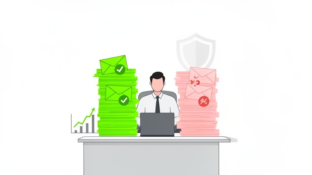 Un homme devant son ordinateur avec des piles d'e-mails verts vérifiés et des e-mails rouges non sécurisés, symbolisant la validation d'adresses.
