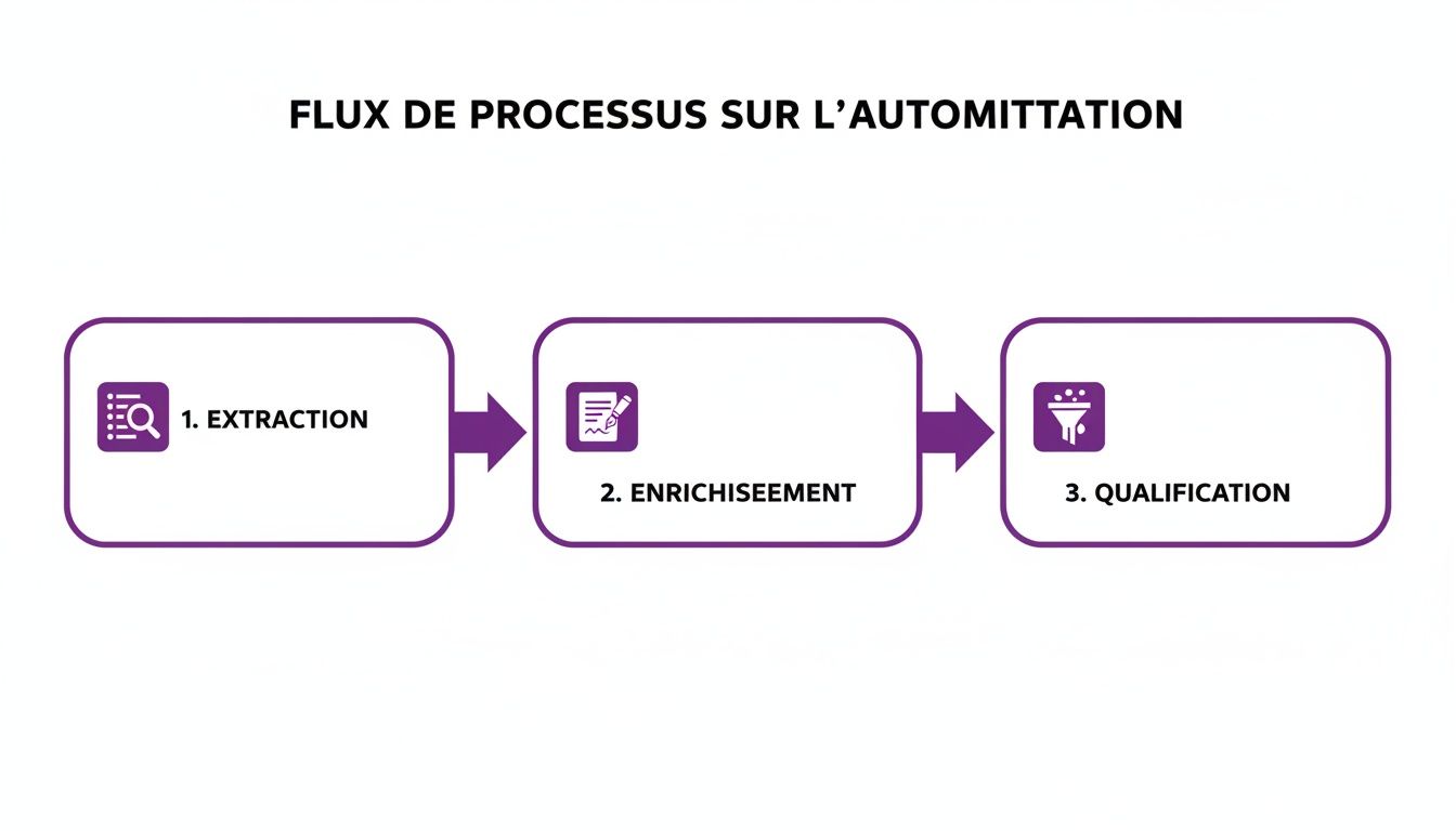 Diagramme de flux de processus d'automatisation en trois étapes : extraction, enrichissement et qualification, avec flèches indicatives.