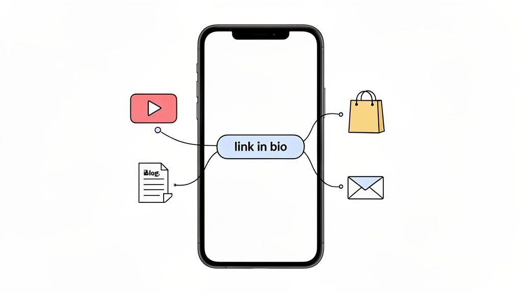 A smartphone shows 'link in bio' connecting to YouTube, blog, shopping, and email icons.