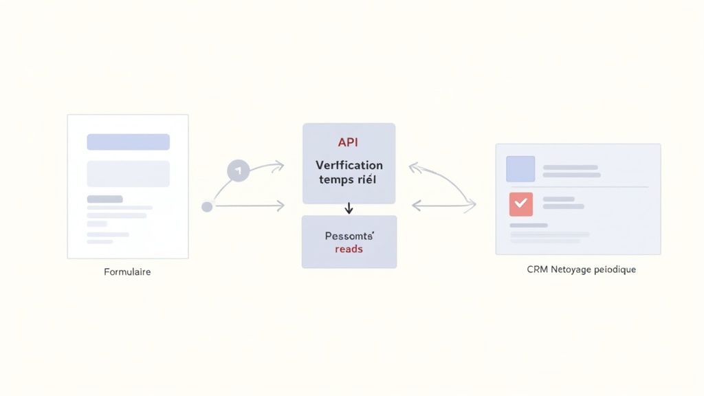 Diagramme illustrant le flux de vérification de données en temps réel depuis un formulaire vers une API et un CRM.