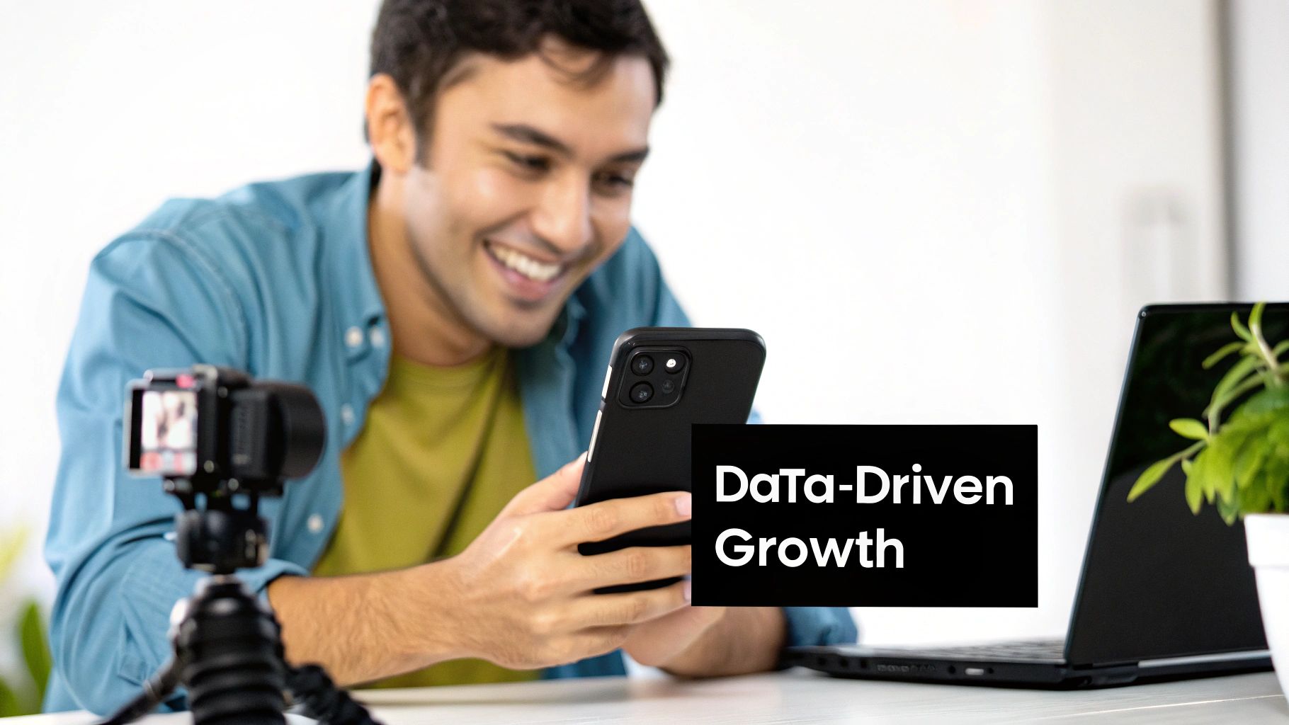 Smiling man creating content with a smartphone and camera, promoting 'Data-Driven Growth'.