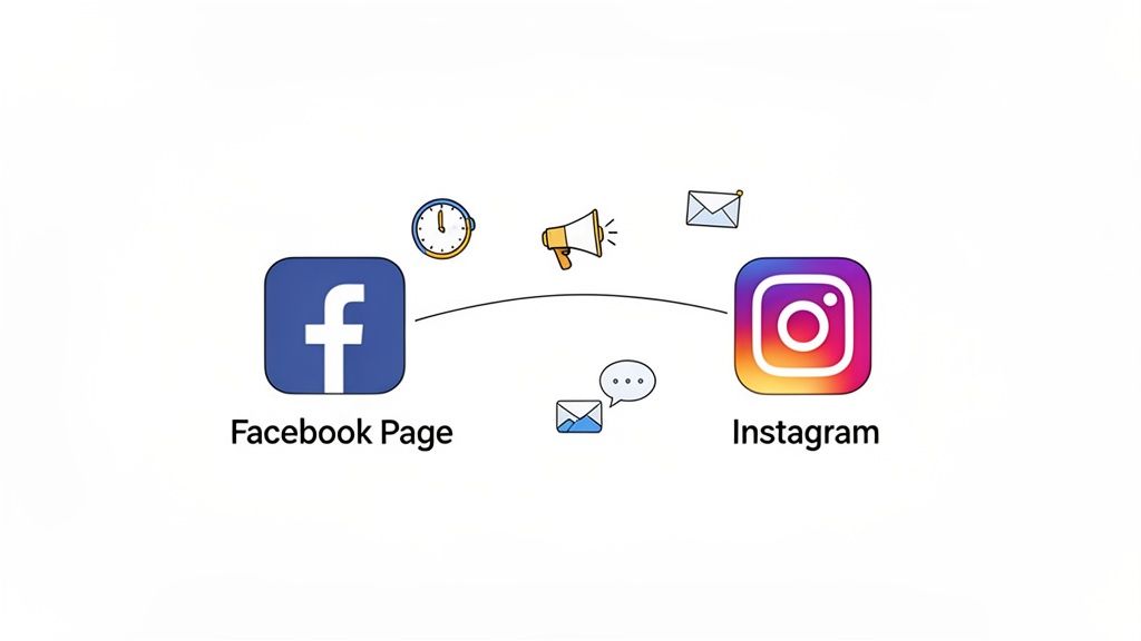 Facebook Page and Instagram app logos linked, illustrating integration for scheduling, promotion, and messaging features.
