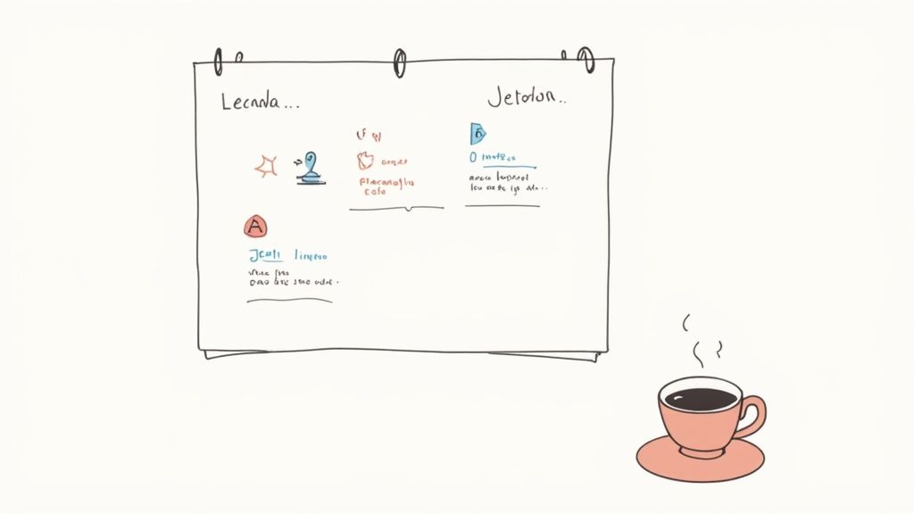 Tableau blanc avec planification de tâches LinkedIn et tasse de café sur le bureau