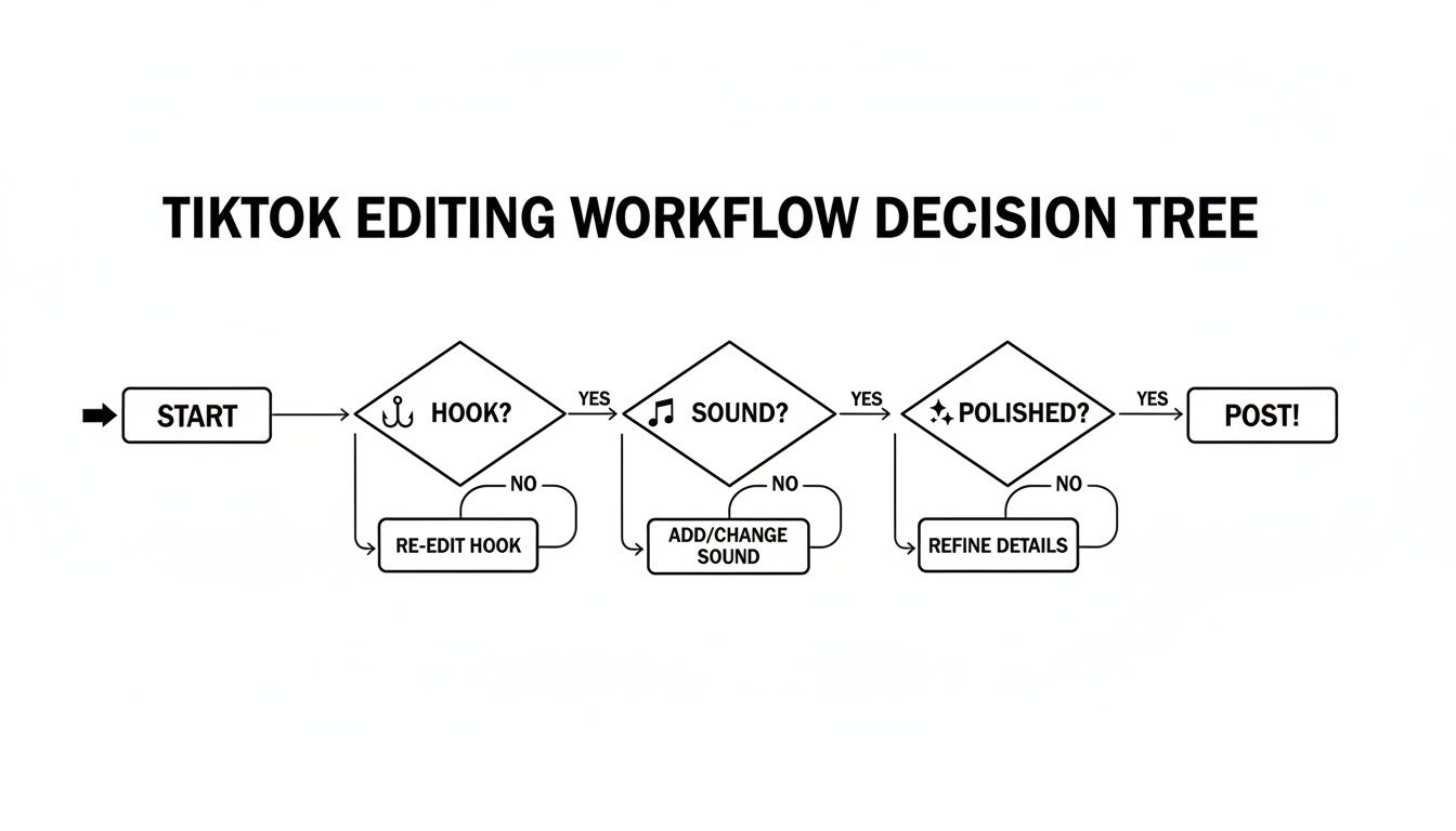 A flowchart titled 'TikTok Editing Workflow Decision Tree' outlining steps for creating polished TikTok videos.