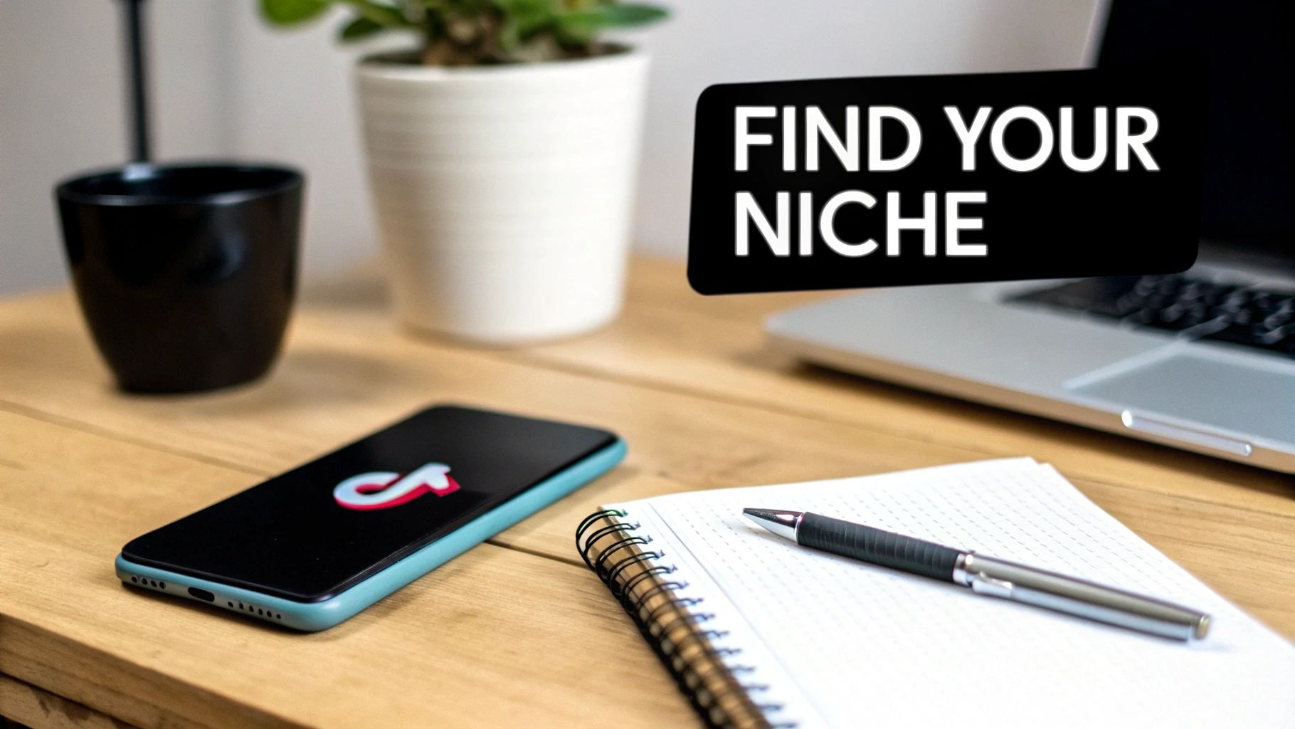 A desk with a smartphone displaying the TikTok logo, a notebook, pen, laptop, and a 'FIND YOUR NICHE' text overlay.