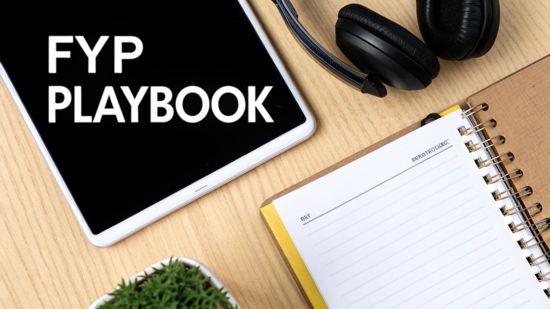 A flat lay of a tablet displaying 'FYP PLAYBOOK', headphones, and a notebook on a wooden desk.