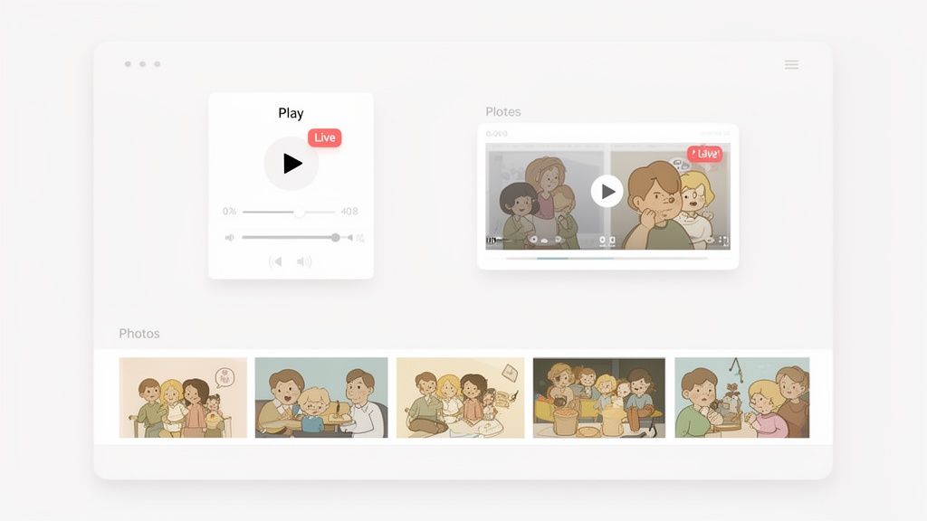 A minimalist web UI showing a live video player, a video playlist, and a photo gallery with cartoon illustrations.