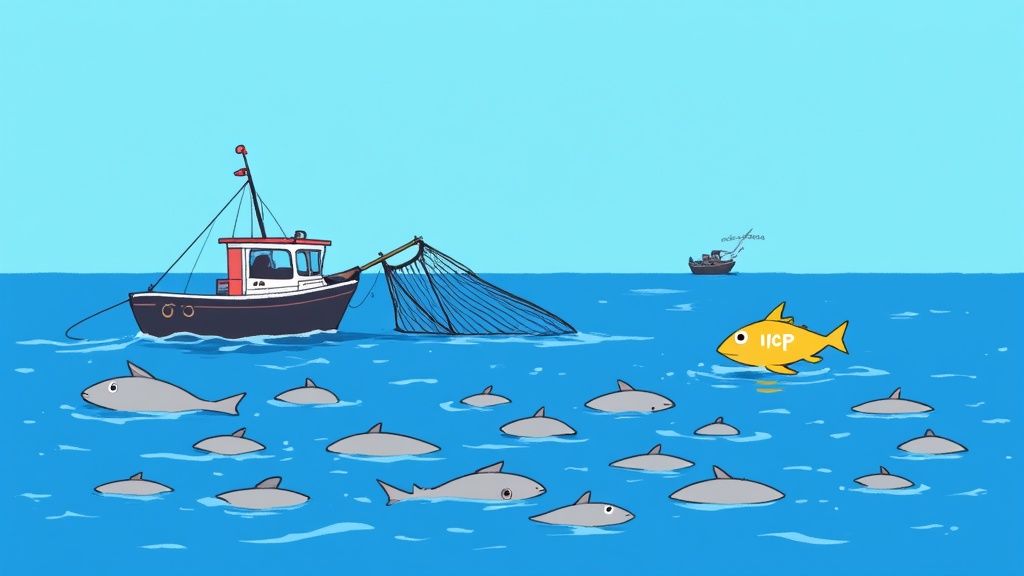 Bateau de pêche avec filet et des poissons gris nagent avec un poisson jaune IICP.