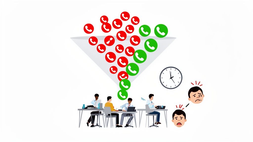 Un entonnoir de vente montrant des appels entrants (verts et rouges), des agents téléphoniques travaillant et des visages frustrés.