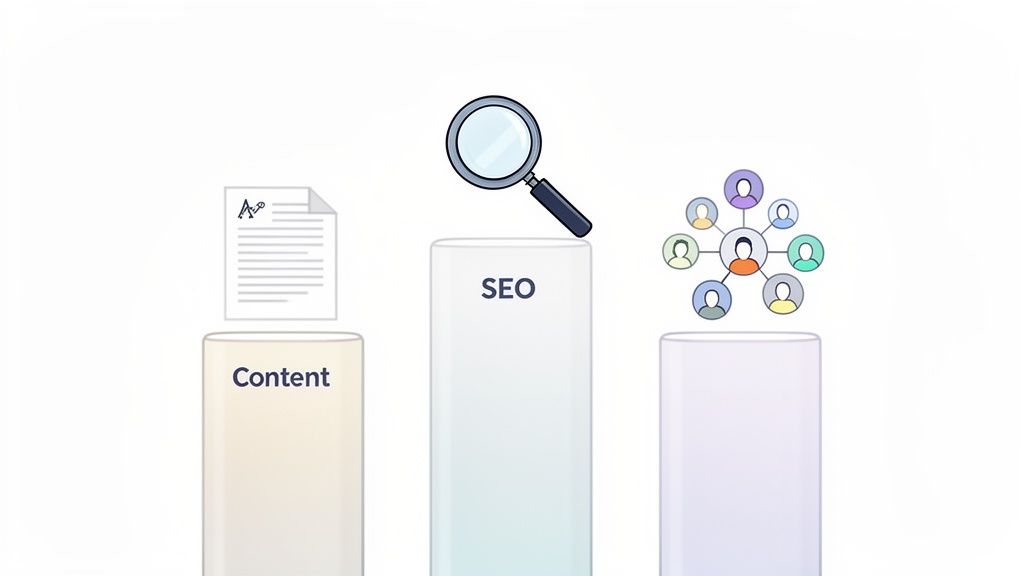 Illustration des piliers du marketing digital: le contenu, le référencement (SEO) et la communauté.