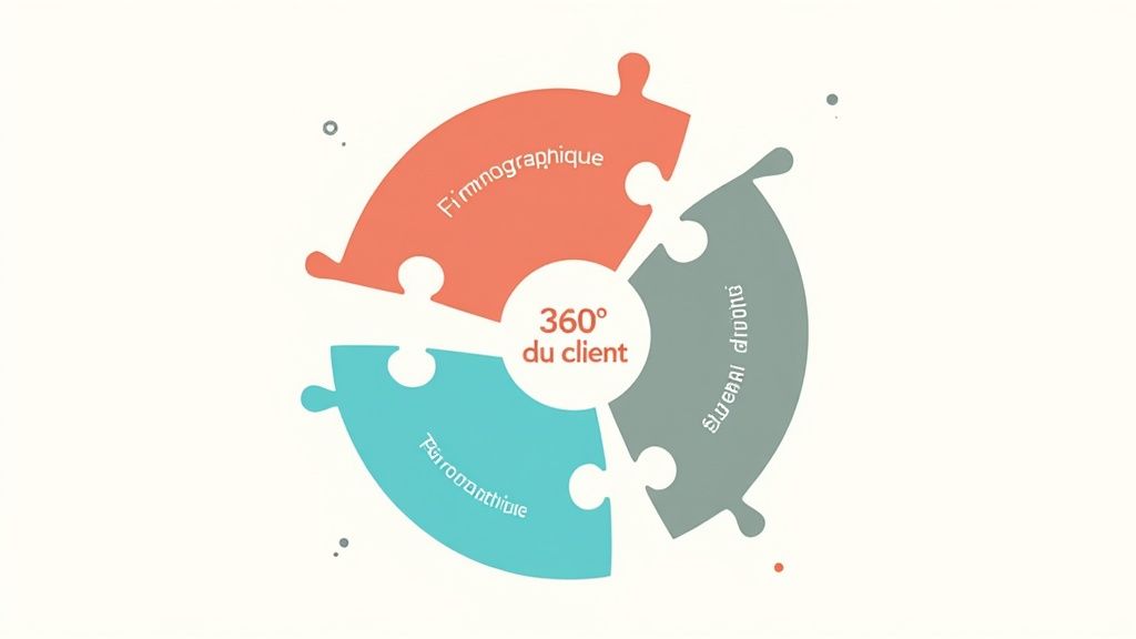 Infographie représentant une vue à 360 degrés du client avec trois pièces de puzzle interconnectées.