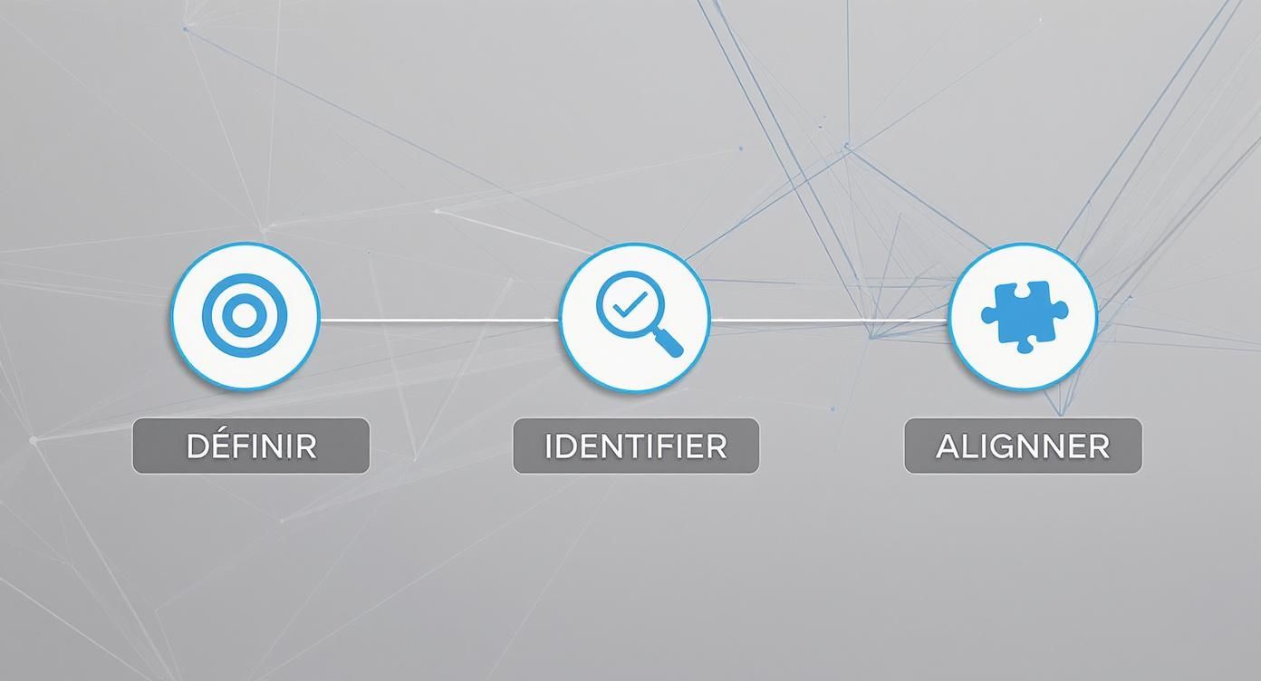 Illustration des trois étapes clés pour trouver un client: définir, identifier et aligner avec des icônes claires.