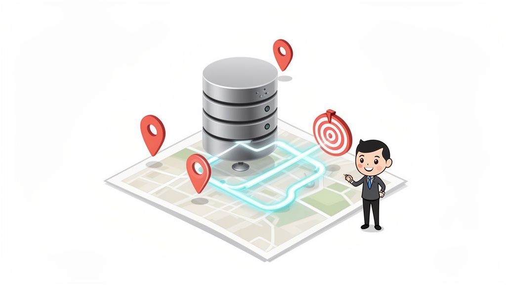 Un homme d'affaires devant une base de données sur une carte avec des marqueurs de localisation et une cible.