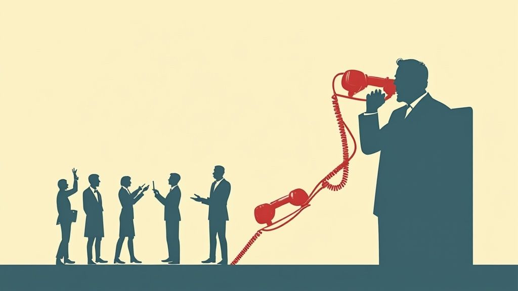 Illustration montrant un homme puissant parlant dans un téléphone-mégaphone à des personnes attentives, symbolisant la communication.