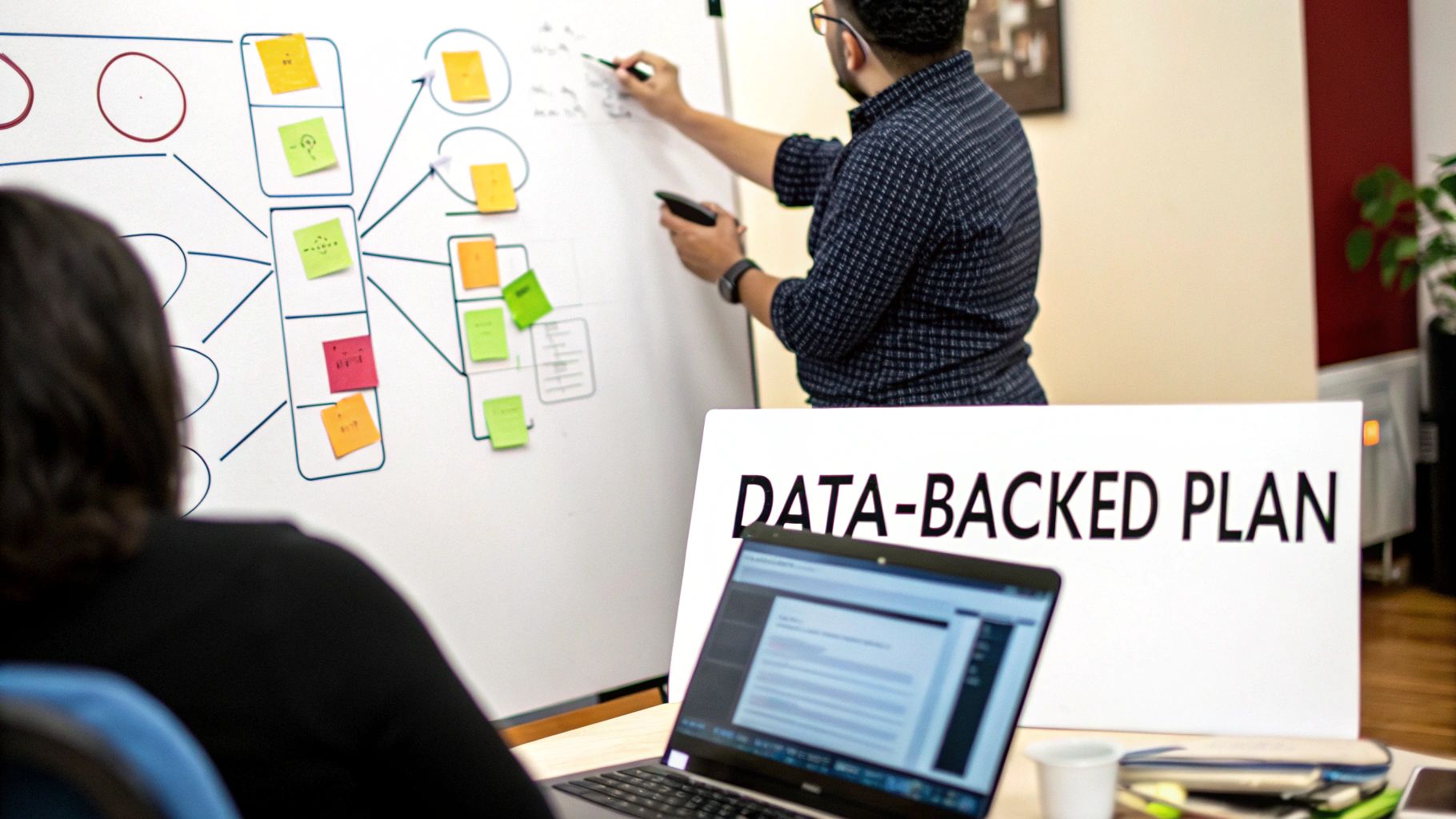 A team collaborates using a whiteboard with sticky notes, focusing on a data-backed plan.