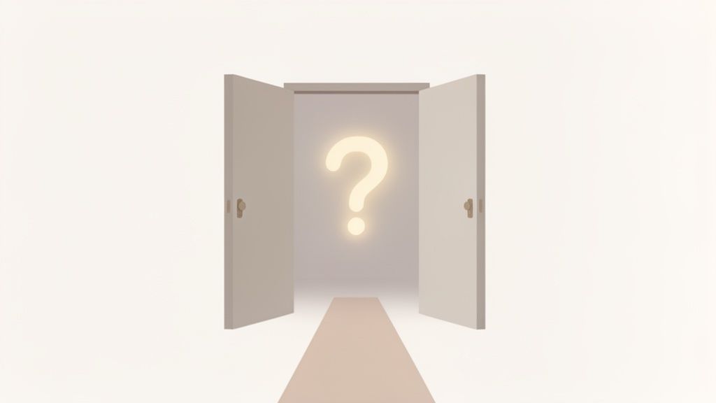 Open doors reveal a glowing question mark, symbolizing choice, future, or the unknown path ahead.