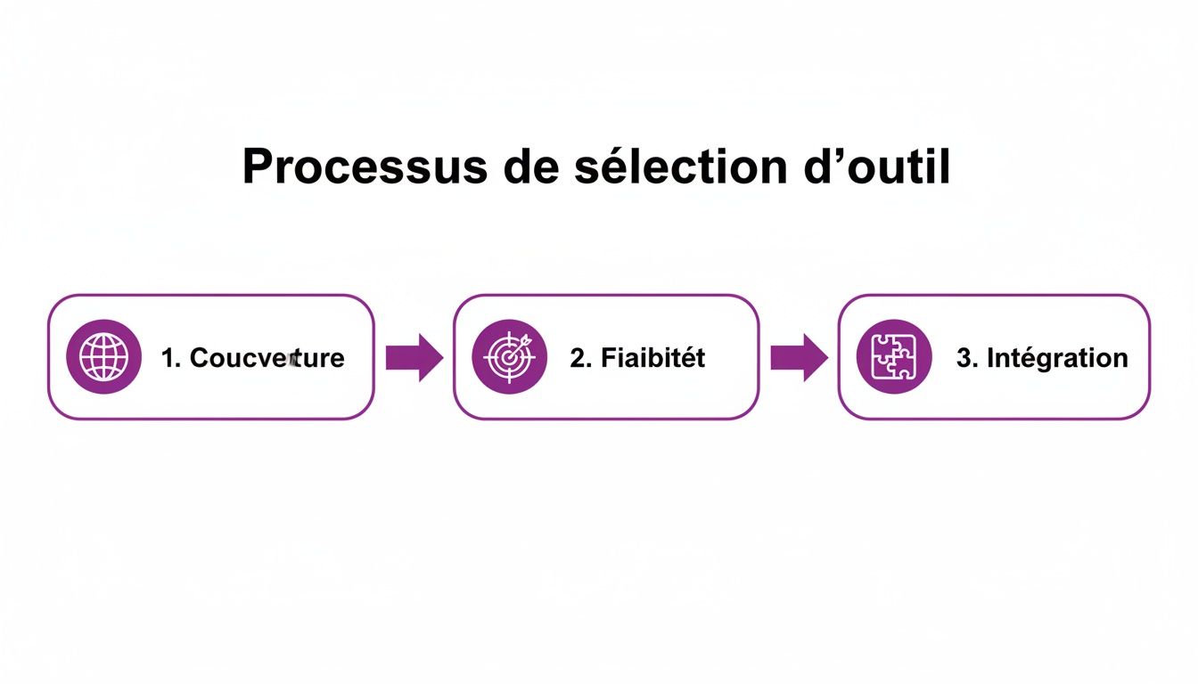 Infographie illustrant le processus de sélection d'outil en 3 étapes : couverture, fiabilité et intégration.