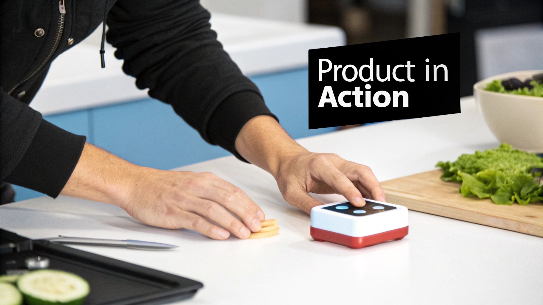 A person's hands interact with a small smart device on a kitchen counter with food ingredients.