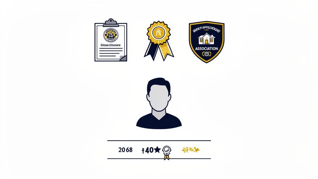 An illustration of a professional profile with a license, awards, and association membership.