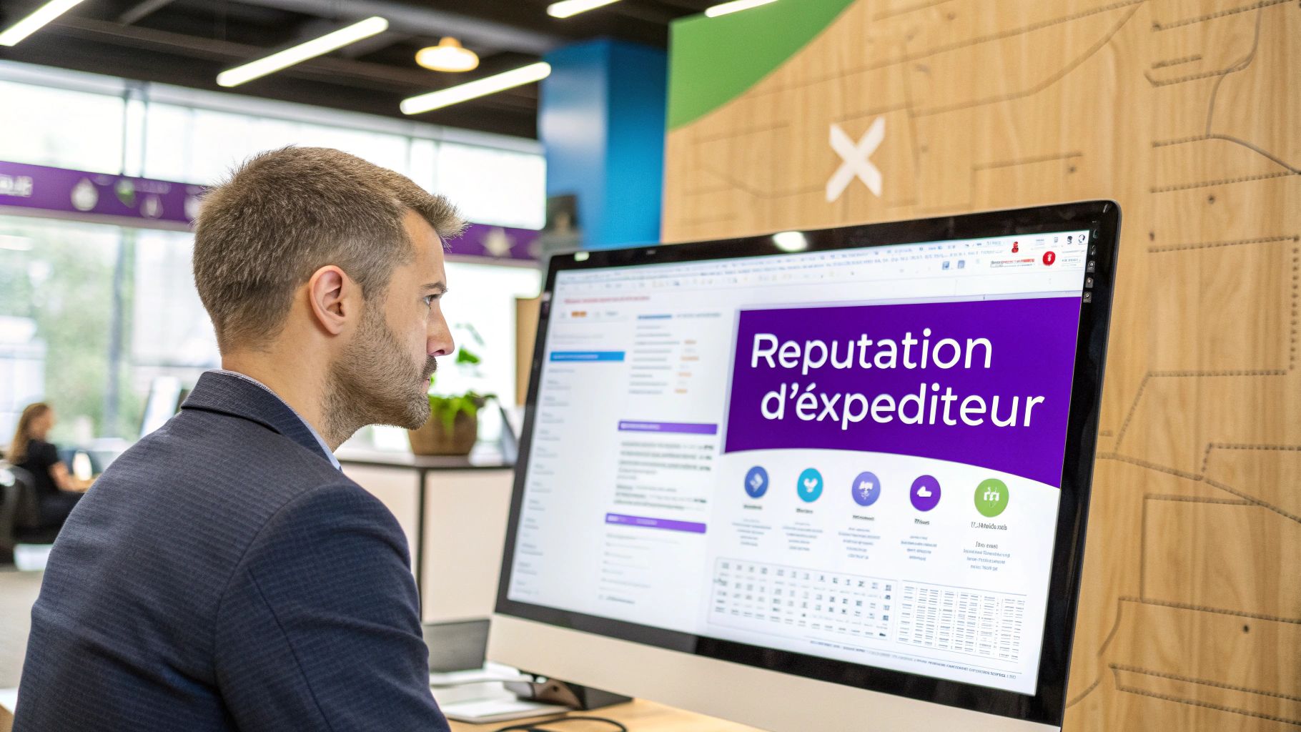 Personne travaillant sur un ordinateur portable avec des icônes de courrier électronique et de vérification flottant autour