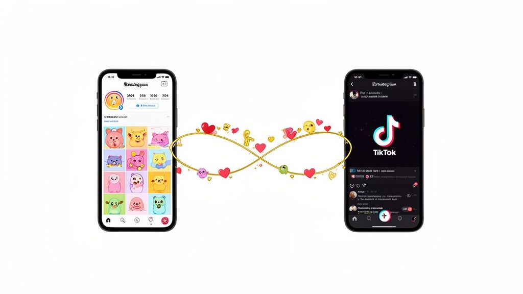 Two smartphones displaying Instagram and TikTok, connected by a golden infinity symbol with hearts.