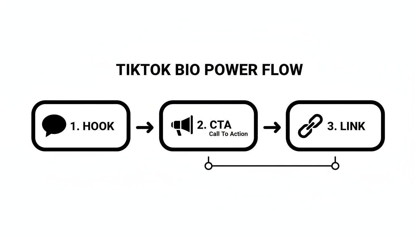A black and white diagram illustrates the TikTok bio power flow: Hook, CTA, and Link.