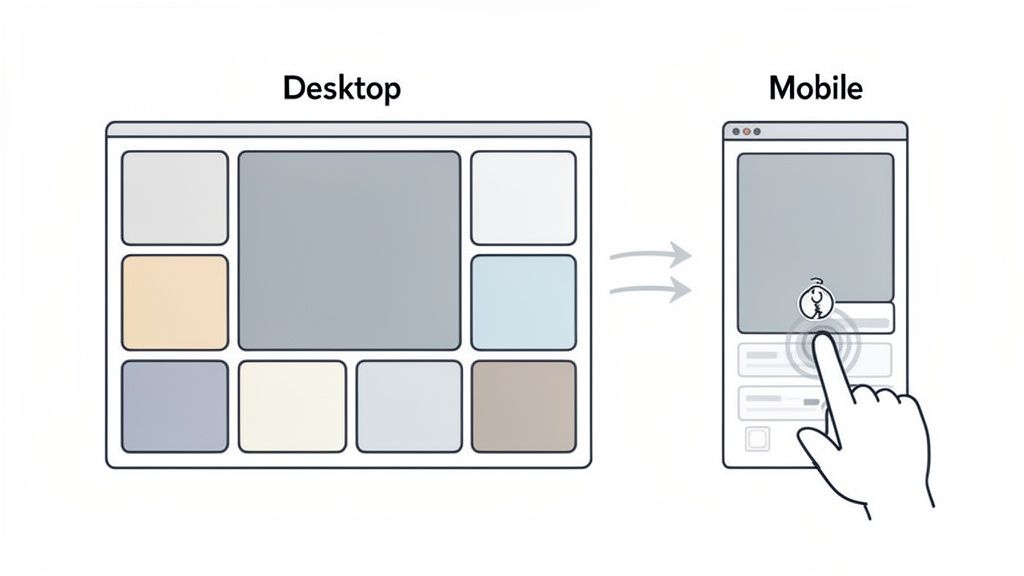 An illustration comparing a multi-column desktop website layout to a single-column mobile layout, emphasizing responsive design and scrolling.