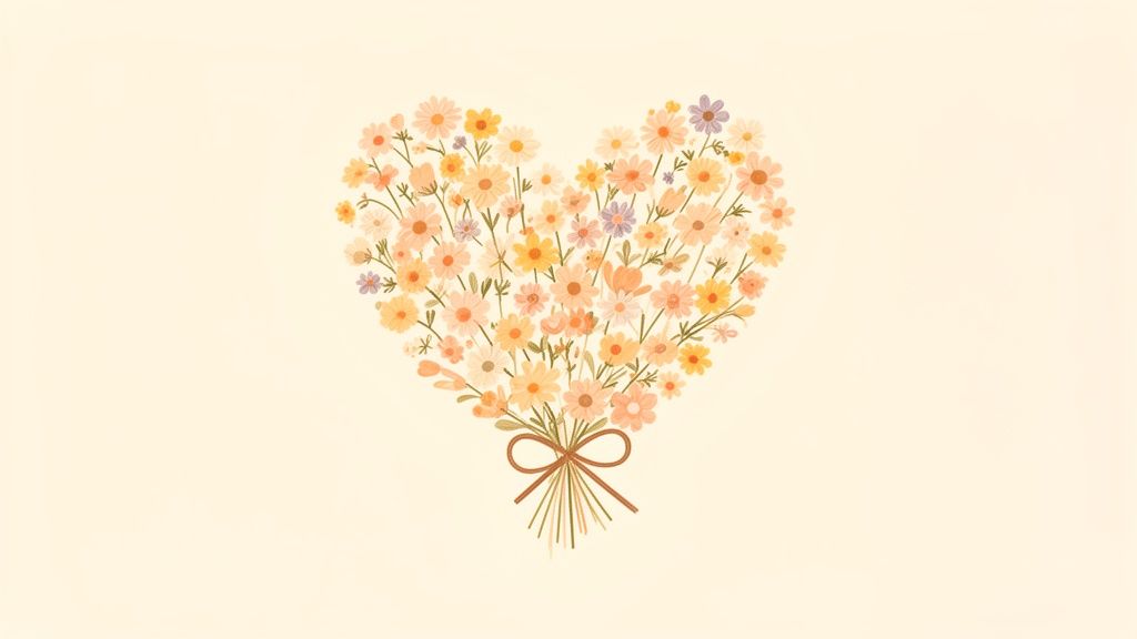 A beautiful heart-shaped bouquet made of pastel yellow, peach, and purple flowers, tied with a ribbon.