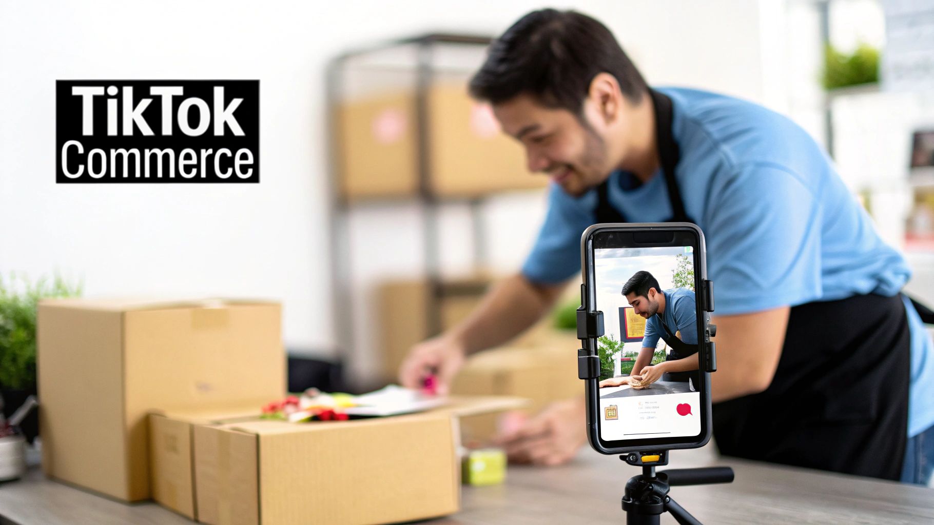 A smiling man live streams packaging products on TikTok Commerce from his small business setup.
