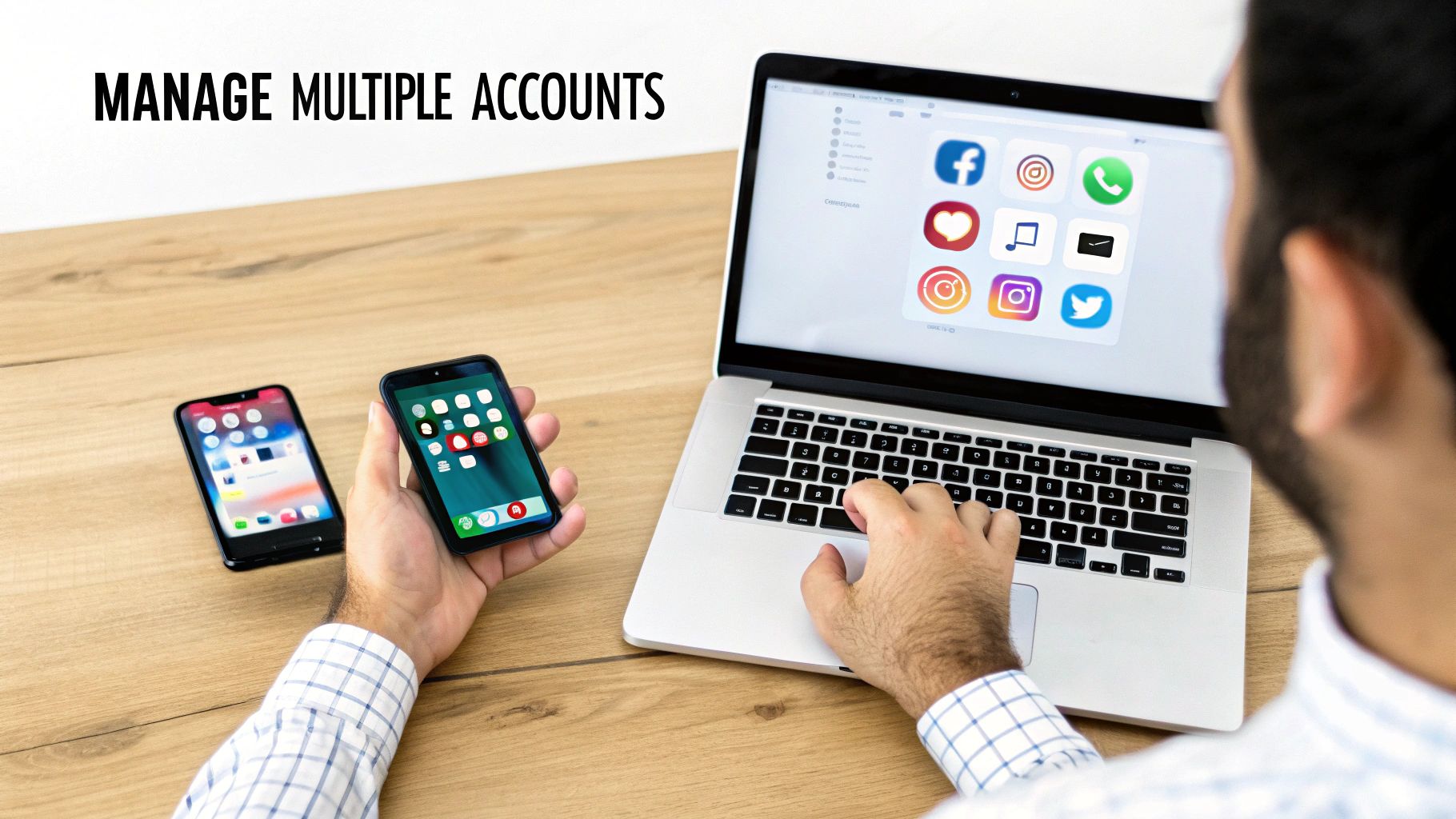 A person manages multiple social media accounts using a laptop and two smartphones.