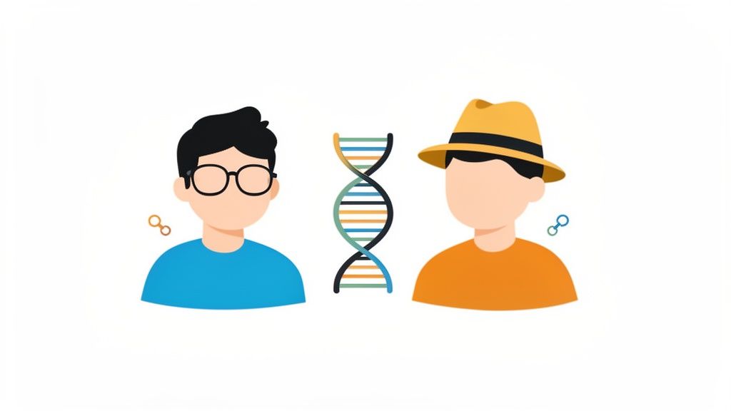 Illustration of two men, one with glasses and one with a hat, connected by a DNA helix.