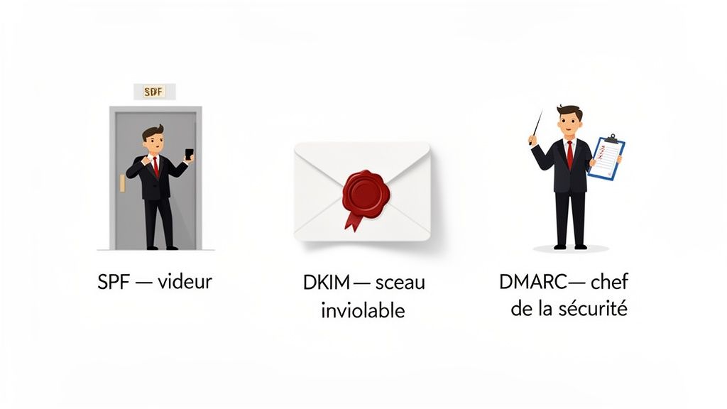 Trois illustrations expliquant les protocoles d'authentification des e-mails SPF, DKIM et DMARC avec des métaphores visuelles.