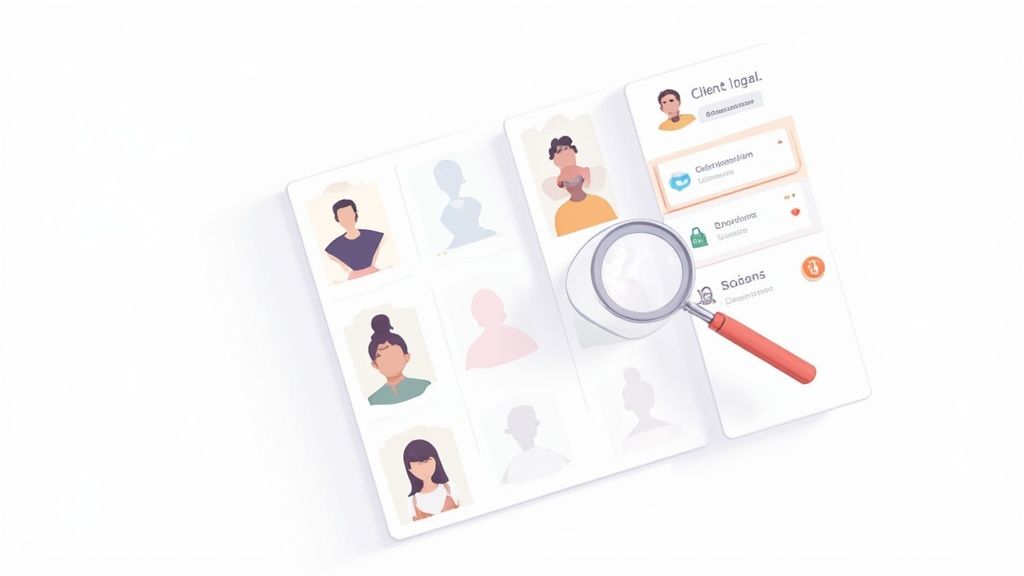 Une loupe survole deux cartes : l'une avec des avatars de profil, l'autre avec des informations client légales.