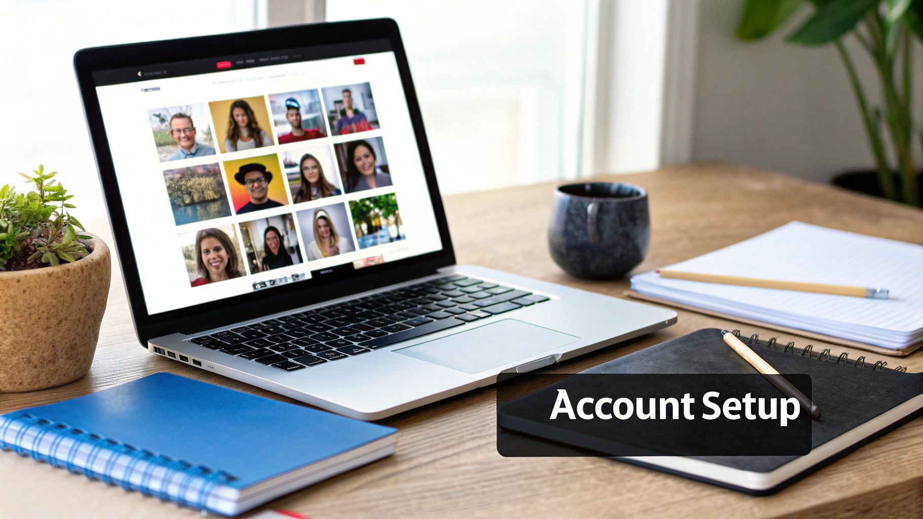 A laptop screen displays a grid of diverse profile pictures, with 'Account Setup' text on a notebook.