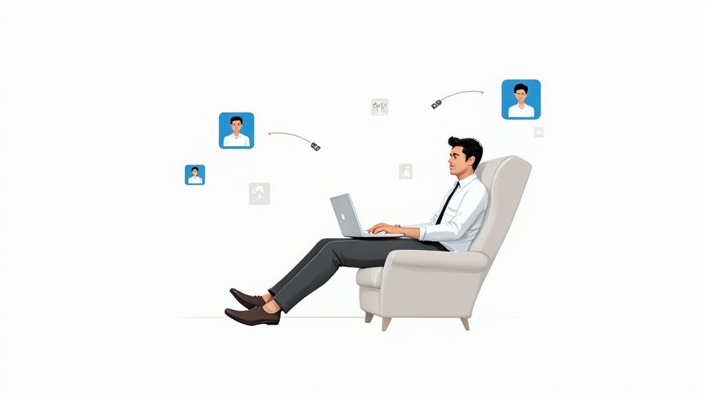 Une femme d'affaires souriante travaillant sur son ordinateur portable dans un espace de bureau moderne et lumineux.