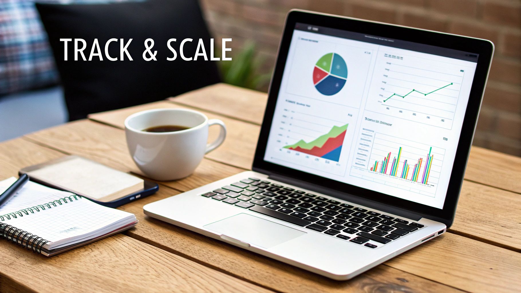 Laptop displaying business analytics charts on a wooden table with coffee, notebook, and smartphone, illustrating tracking and scaling.