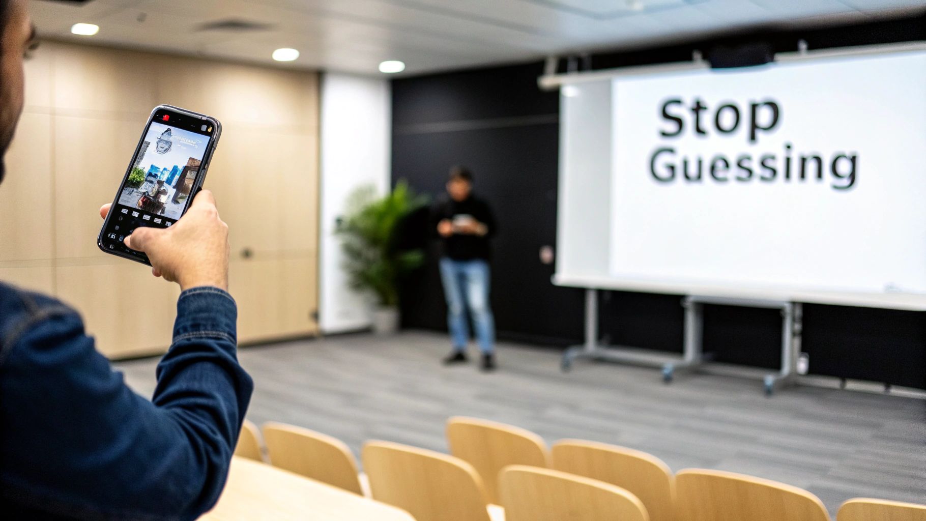 A person films a presentation displaying "Stop Guessing" on a large screen with a smartphone.