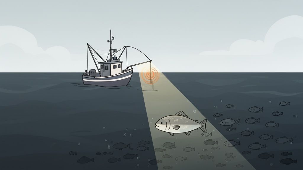 Un bateau de pêche éclaire la mer sombre, révélant un grand poisson parmi un banc de petits poissons.