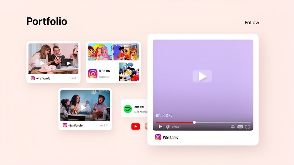 A digital portfolio page showcasing various content cards including videos and social media posts, with a large video player.