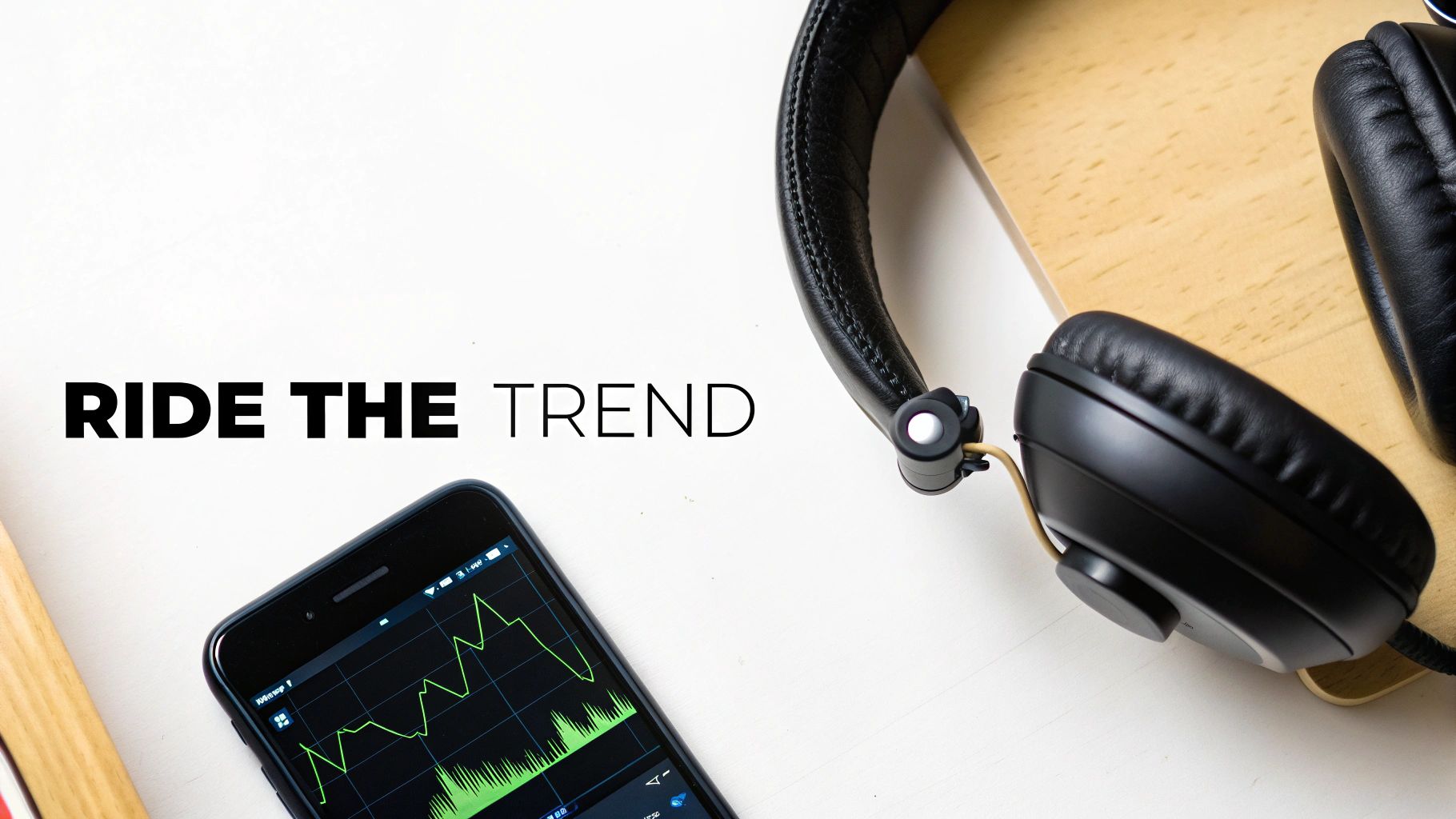 A flat lay shows a smartphone with a green financial graph, black headphones, and text 'RIDE THE TREND'.