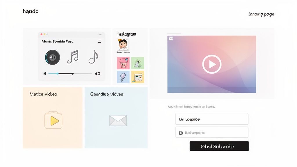 A landing page design displaying a music player, Instagram feed, video sections, and an email subscribe form.