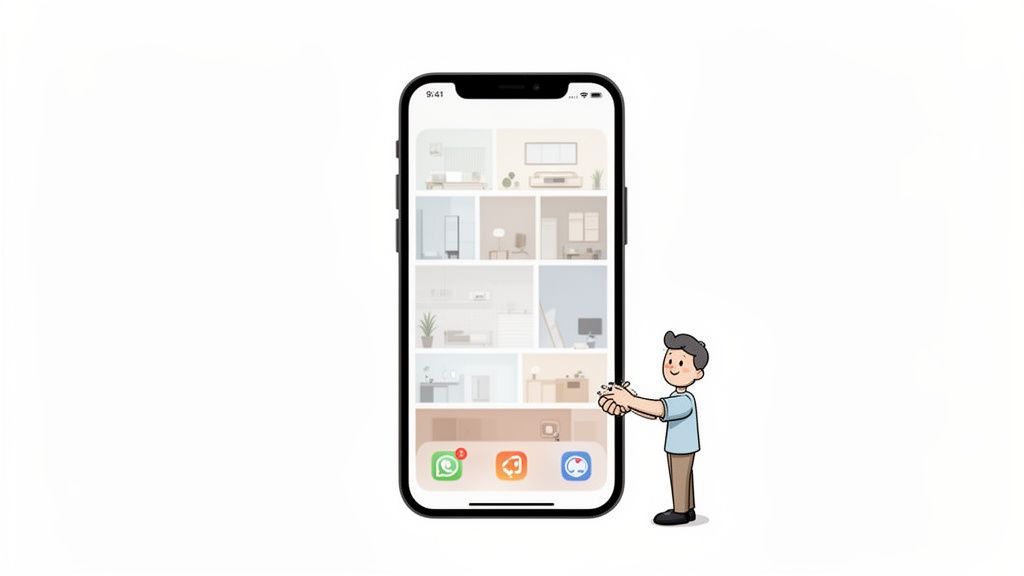 A cartoon man claps enthusiastically beside an iPhone displaying a smart home app interface with multiple room layouts.