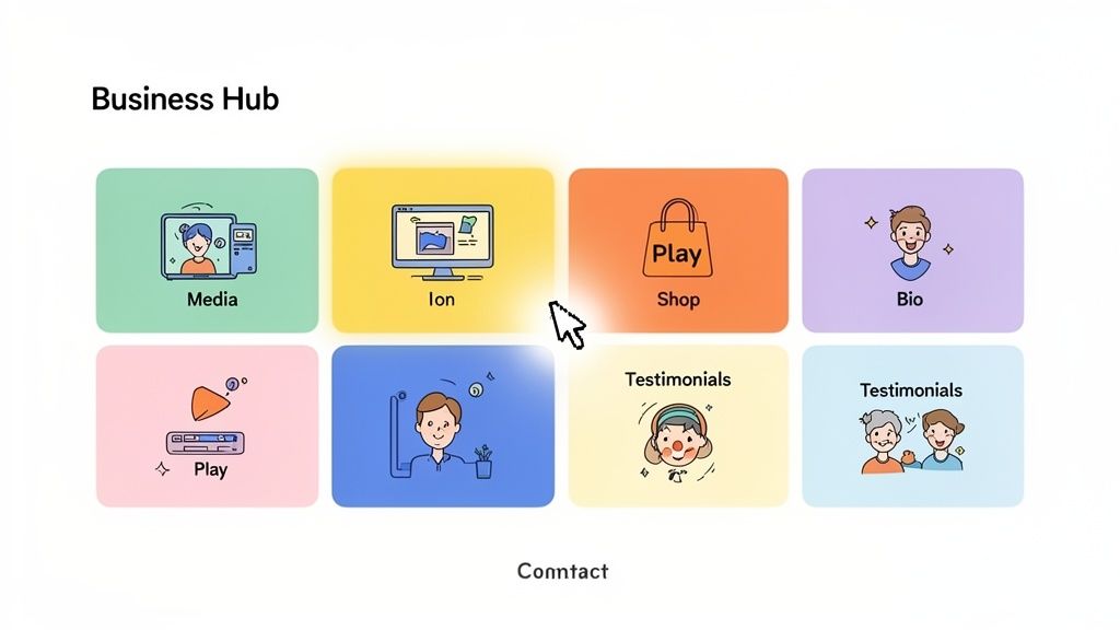 A 'Business Hub' dashboard displaying colorful cards for services like Media, Ion, Shop, Bio, Play, and Testimonials.
