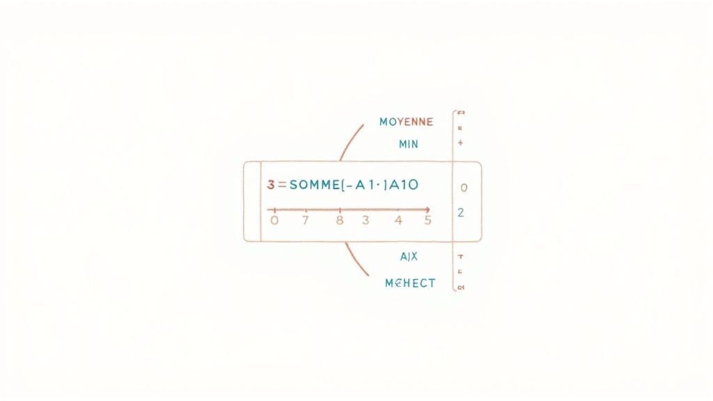 Diagramme expliquant la formule SOMME dans Google Sheets avec les paramètres MIN, MOYENNE et vérification